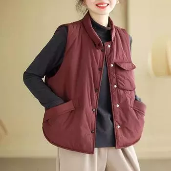 Осенне-зимний ретро повседневный жилет женский с воротником-стойкой без рукавов стеганый утолщенный однотонный теплый жилет XXL чёрный