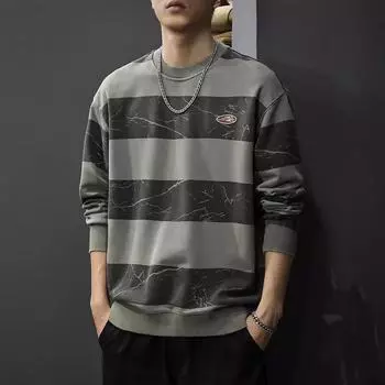 Осенне-зимний ретро-свитер в полоску, подходящий по цвету, мужской американский стираный топ с длинными рукавами, осенняя тяжелая свободная рубашка M черный серый