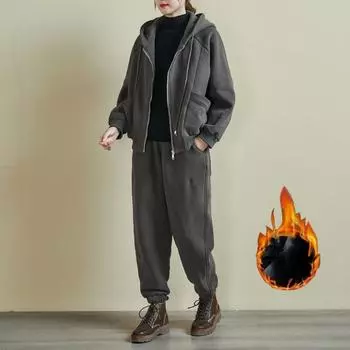 Осенне-зимний ретро свободный утолщенный спортивный костюм женский элегантный флисовый повседневный свитшот с капюшоном Y2k комплект из 2 предметов модная новая одежда L чёрный