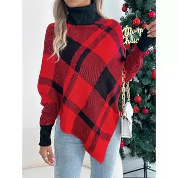 Осенне-зимний рождественский свитер с контрастной клетчатой отделкой и высоким воротом, длинными рукавами для женщин S красный