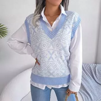 Осенне-зимний рождественский вязаный жилет с V-образным вырезом и узором снежинки S синий