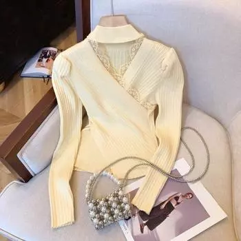 Осенне-зимний сексуальный кружевной вязаный свитер с V-образным вырезом для женщин, модный облегающий базовый свитер, свитера для женщин, элегантный однотонный повседневный трикотажный джемпер 25567 One Size чёрный