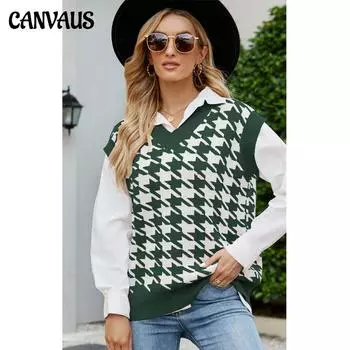 Осенне-зимний сексуальный женский вязаный свитер с узором «гусиные лапки», свободный жилет без рукавов, женский свитер