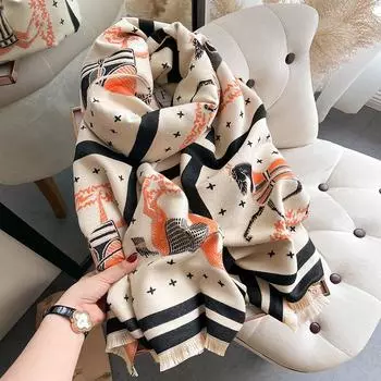 Осенне-зимний шарф из искусственного кашемира для женщин, толстая шаль с кисточками бежевый/чёрный