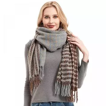 Осенне-зимний шарф, коричневый шарф с узором «гусиные лапки», женская шаль с кисточками синий