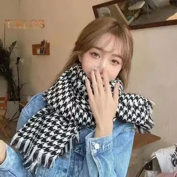 Осенне-зимний шарф, женский черно-белый клетчатый шарф с отделкой кисточками, толстая теплая шаль, универсальный длинный шарф чёрный