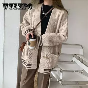 Осенне-зимний шерстяной кардиган, женский свитер средней длины с v-образным вырезом, свободная толстая кашемировая вязаная куртка One Size