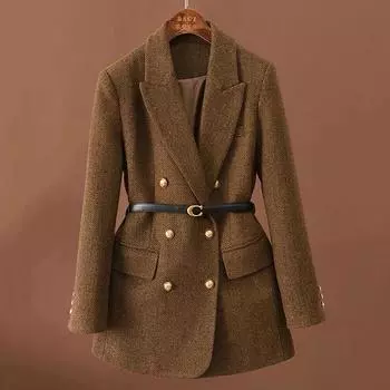 Осенне-зимний шерстяной костюм, винтажный шерстяной пиджак для женщин, двубортный темпераментный женский пиджак с длинным рукавом XS кофейный