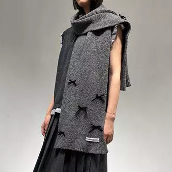 Осенне-зимний шерстяной вязаный шарф с бантом для тепла, однотонный универсальный шарф One Size серый