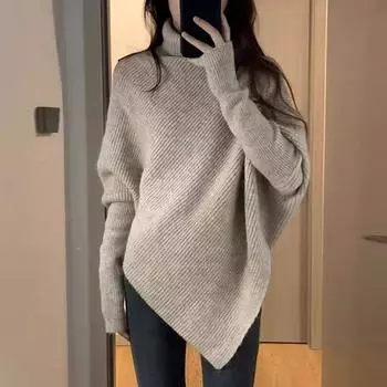 Осенне-зимний шикарный асимметричный свитер, женский модный повседневный однотонный свободный вязаный свитер, женский элегантный уличный элегантный женский джемпер 25817 One Size верблюд