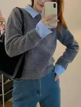 Осенне-зимний шикарный поддельный комплект из 2 предметов, рубашка, винтажный трикотаж с лацканами, свитера, топы, женская элегантная теплая одежда, верхняя одежда для офиса 2000 года, женская новинка S серый