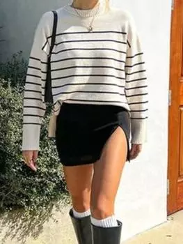 Осенне-зимний шикарный полосатый свободный пуловер женский новый элегантный вязаный свитер уличная одежда топы винтажный круглый вырез Y2k американская ретро одежда S бежевый