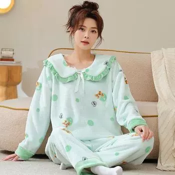 Осенне-зимний симпатичный зеленый комплект пижамы для молодой девушки, женский милый мультяшный принт, комплект пижамы с длинными рукавами, теплая пижама из кораллового флиса, домашняя одежда, костюм M