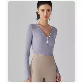 Осенне-зимний спортивный топ с V-образным вырезом и длинными рукавами, закрывающий пупок S белый