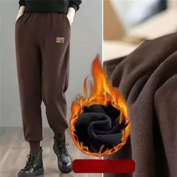 Осенне-зимний стиль, плюшевые и толстые теплые брюки, женские свободные и теплые повседневные спортивные брюки с высокой талией M чёрный