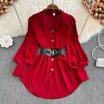 Осенне-зимний стиль ретро со вкусом Гонконга, темперамент, тонкая талия, морщины в длинной свободной рубашке One Size чёрный