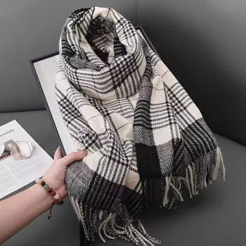 Осенне-зимний студенческий модный полосатый клетчатый шарф с бахромой для японских и корейских женщин 70*180 бежевый