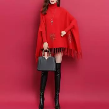 Осенне-зимний свитер 2022, свободный пуловер, женский свитер с металлическим кольцом, высокий воротник, накидка с кисточками, короткий пуловер с шалью, женское пальто One Size чёрный