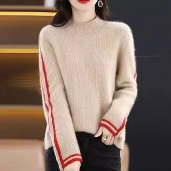 Осенне-зимний свитер 2022, свободный трикотаж, женский цветной контрастный свитер, пуловер, верхняя одежда с половиной высокого воротника, пуловер