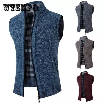 Осенне-зимний свитер без рукавов с воротником-стойкой, кардиган на молнии, однотонный топ плюс бархатный толстый теплый свитер, свободная повседневная мужская куртка 3XL чёрный