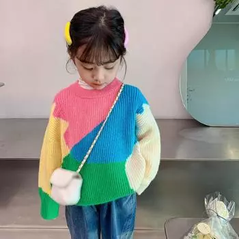 Осенне-зимний свитер для девочек. Универсальный детский свитер на все случаи жизни. Женские топы с длинными рукавами. 150cm разноцветный