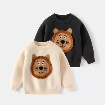 Осенне-зимний свитер для мальчиков, вязаный свитер с изображением льва из мультфильма, детская одежда из ниток, детская одежда 90cm бежевый