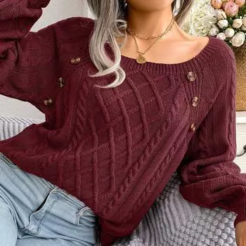 Осенне-зимний свитер для женщин, повседневный свитер с квадратным вырезом и пуговицами из жареного теста, трикотажный свитер S армия зеленый