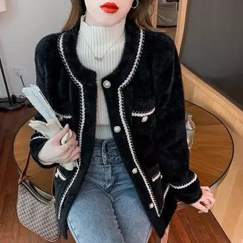 Осенне-зимний свитер, флисовая куртка из искусственной норки, женская блузка, французский небольшой аромат, трикотажная куртка, пальто One size белый