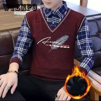 Осенне-зимний свитер, искусственная рубашка из двух частей, бархатный толстый вязаный пуловер, термобелье 3XL