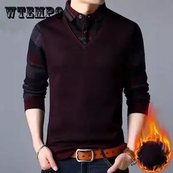 Осенне-зимний свитер, искусственная рубашка из двух частей, деловой повседневный вязаный свитер, термобелье, подходит для мужчин молодого и среднего возраста 3XL