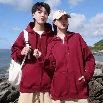 Осенне-зимний свитер из флиса с капюшоном и опущенными плечами Pearl Series, повседневный кардиган на молнии с длинными рукавами для пар, модный бренд унисекс S красный