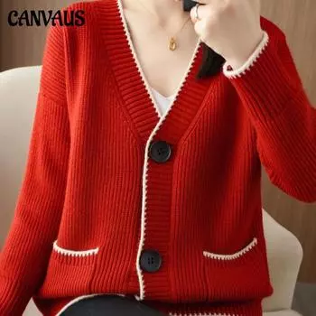 Осенне-зимний свитер-кардиган, новый женский вязаный кардиган с v-образным вырезом и длинными рукавами, модный с карманами, однобортный кардиган с цветными блоками L красный