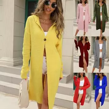 Осенне-зимний свитер, кардиган, однотонный длинный вязаный кардиган с капюшоном и длинными рукавами, женское пальто S жёлтый