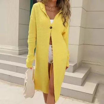 Осенне-зимний свитер, кардиган, однотонный длинный вязаный кардиган с капюшоном и длинными рукавами, женское пальто S жёлтый