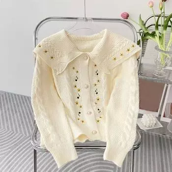 Осенне-зимний свитер, кардиган, винтажный кардиган с вышивкой и цветком, короткий вязаный воротник-поло, кардиган с рюшами и жемчужными пуговицами, женский свитер