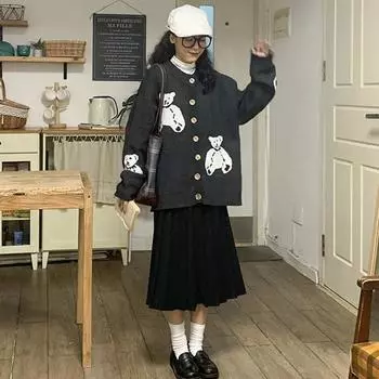 Осенне-зимний свитер, кардиган, женский повседневный свободный модный ретро-рубашка с длинными рукавами, студенческий свитер с диким медведем, пальто XL