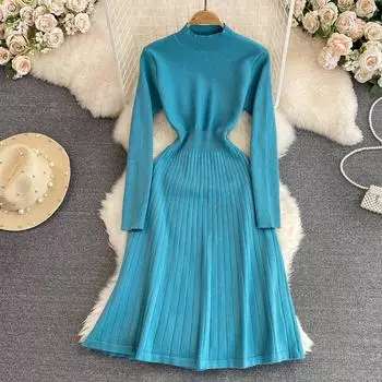 Осенне-зимний свитер, нижняя юбка, тонкое длинное плиссированное трикотажное платье с круглым воротником и талией во французском стиле Senior Sense S синий