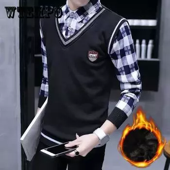 Осенне-зимний свитер, поддельная базовая рубашка из двух предметов, бархатный толстый вязаный пуловер, термобелье, подходящее для молодых мужчин 3XL