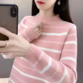 Осенне-зимний свитер-пуловер для женщин, большой размер, бархатная толстая полосатая нижняя рубашка, свободный свитер из норкового флиса, теплый топ XXL белый