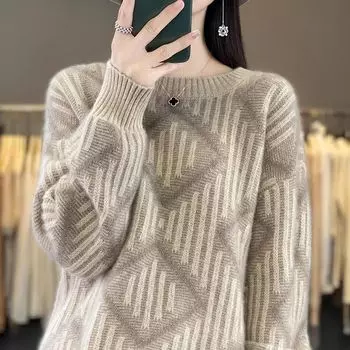 Осенне-зимний свитер-пуловер с круглым вырезом для женщин, ленивый и толстый свободный верх, универсальный вязаный свитер с цветными блоками S