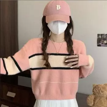 Осенне-зимний свитер-пуловер с круглым вырезом и цветными блоками, укороченный топ, повседневный свитер с длинным рукавом и заниженной линией плеч, женская одежда One Size хаки