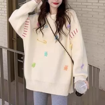 Осенне-зимний свитер-пуловер с плюшевым мишкой для женщин, свободный крой, ленивый стиль, вязаный свитер, топ S белый