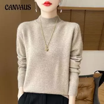 Осенне-зимний свитер-пуловер женский с полувысоким воротом, трикотажная нижняя рубашка женская, тонкая M бежевый