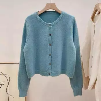 Осенне-зимний свитер с длинным рукавом и круглым вырезом, корейский однотонный короткий вязаный кардиган на пуговицах, повседневный свободный свитер, куртка 29384 One Size верблюд