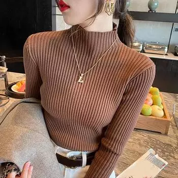 Осенне-зимний свитер с длинным рукавом, свитер с полувысоким воротом, вязаный свитер для женщин, модный однотонный тонкий женский топ, элегантный трикотаж, джемпер 24842 One Size белый