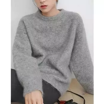 Осенне-зимний свитер с длинным рукавом, вязаный свитер, утолщенный, с круглым вырезом, свободный, женский, повседневный, свитер, топы, однотонная, простая трикотажная одежда 2249 One size светло-серый