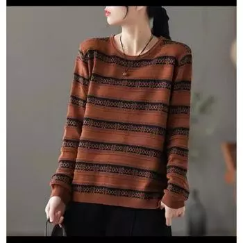 Осенне-зимний свитер с длинными рукавами, повседневный свитер с круглым вырезом, вязаный свитер, свободный, утягивающий, полосатый, минималистичный, свитера и длинные рукава (Женский) One Size