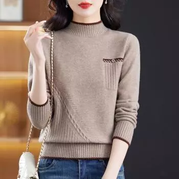 Осенне-зимний свитер с длинными рукавами, женский трикотажный топ с полувысоким воротом, плотная и свободная базовая рубашка для мам S