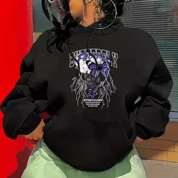 Осенне-зимний свитер с капюшоном и принтом в виде бабочки и букв, модный флисовый свитер с напечатанными плечами и рукавами, женская одежда XS серый