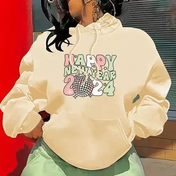 Осенне-зимний свитер с капюшоном из флиса с принтом на плечах и рукавах «С Новым годом» для женщин XS серый